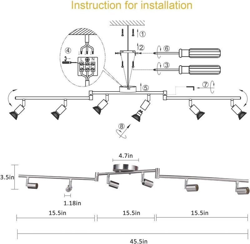 IBOO 6-Light Adjustable Dimmable Track Lighting Kit, Flexible Foldable Arms,Satin Nickel Kitchen,Hallyway Bed Room Lighting Fixture, GU10 Base Bulbs not Included - Image 5
