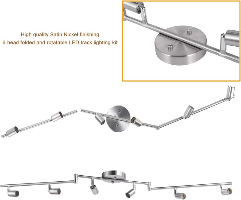 IBOO 6-Light Adjustable Dimmable Track Lighting Kit, Flexible Foldable Arms,Satin Nickel Kitchen,Hallyway Bed Room Lighting Fixture, GU10 Base Bulbs not Included - Image 2