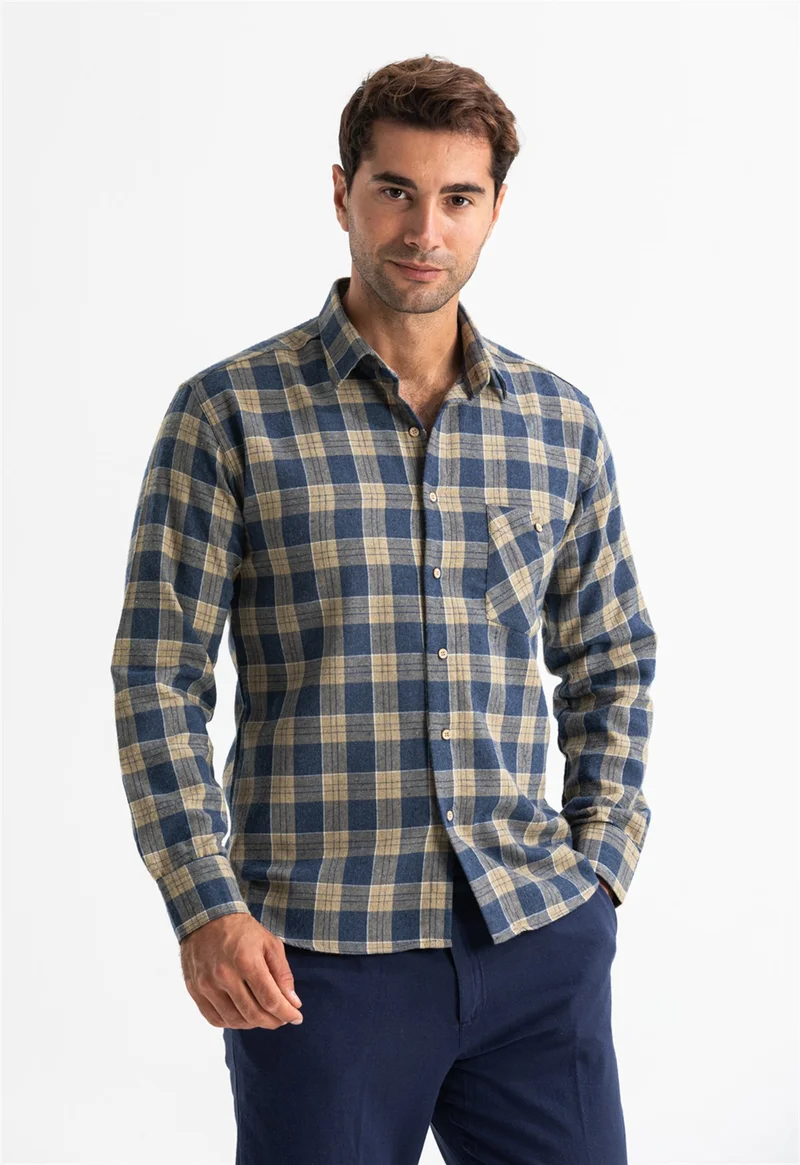 اليش شيل بيزي Long Sleeve Flannel Single Pocket Lumberjack Men's Shirt Navy Camel Checkered 4007