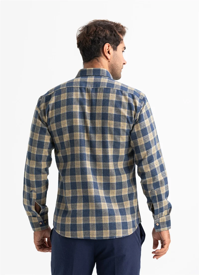 اليش شيل بيزي Long Sleeve Flannel Single Pocket Lumberjack Men's Shirt Navy Camel Checkered 4007