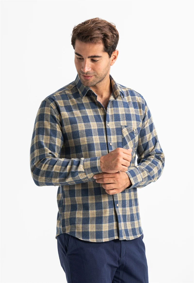 اليش شيل بيزي Long Sleeve Flannel Single Pocket Lumberjack Men's Shirt Navy Camel Checkered 4007