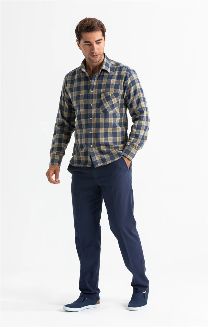 اليش شيل بيزي Long Sleeve Flannel Single Pocket Lumberjack Men's Shirt Navy Camel Checkered 4007