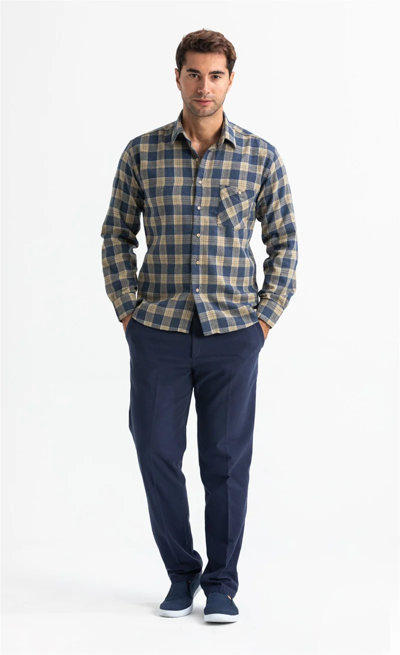 اليش شيل بيزي Long Sleeve Flannel Single Pocket Lumberjack Men's Shirt Navy Camel Checkered 4007