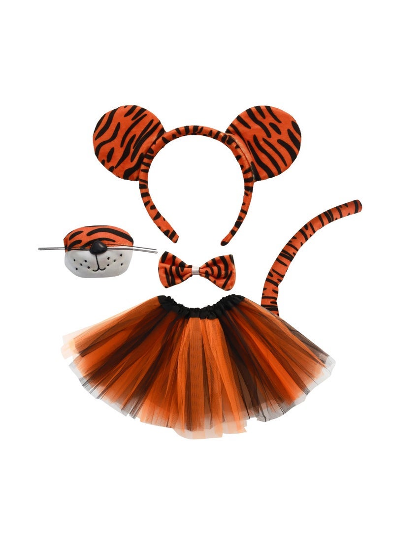 كابتن تيك 5 Pcs Kids Girls Tiger Costume Set,Tiger Ear Headband Nose Tail,Bow Tie and Tutu Skirt Costume Accessory Set for Cosplay Costume Party Decor DIY,Animal Fancy Dress Costume Kit Animal Costume - Image 1