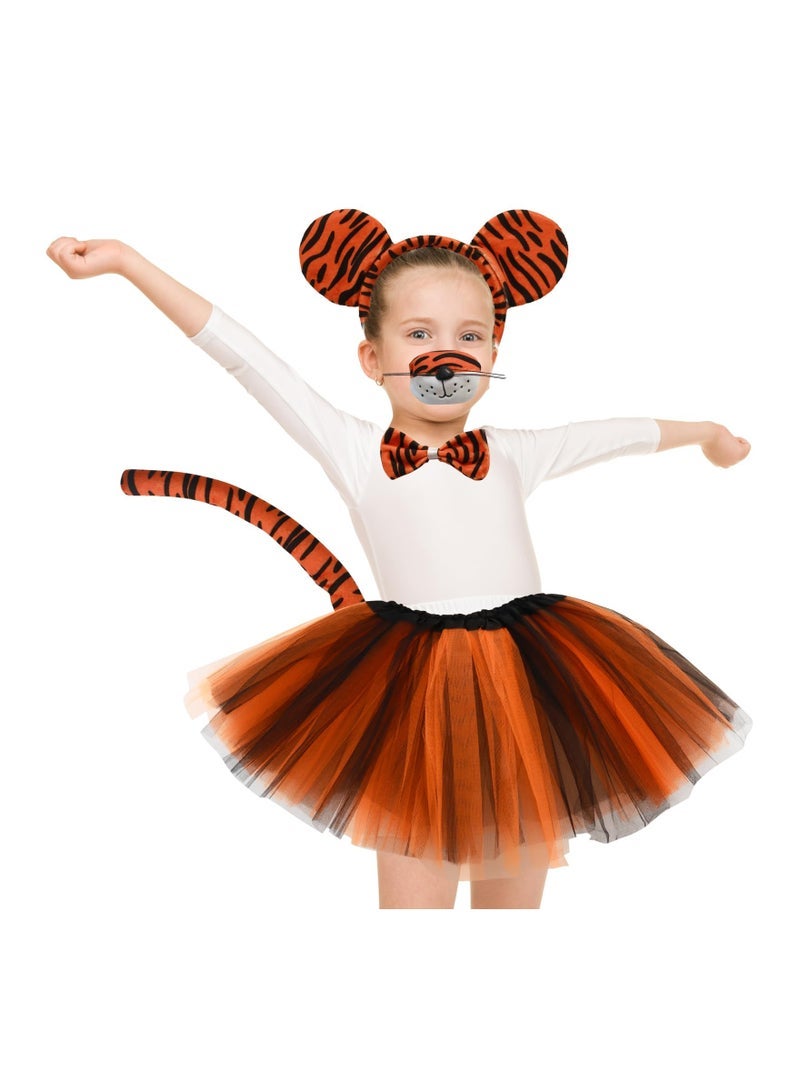 كابتن تيك 5 Pcs Kids Girls Tiger Costume Set,Tiger Ear Headband Nose Tail,Bow Tie and Tutu Skirt Costume Accessory Set for Cosplay Costume Party Decor DIY,Animal Fancy Dress Costume Kit Animal Costume - Image 2