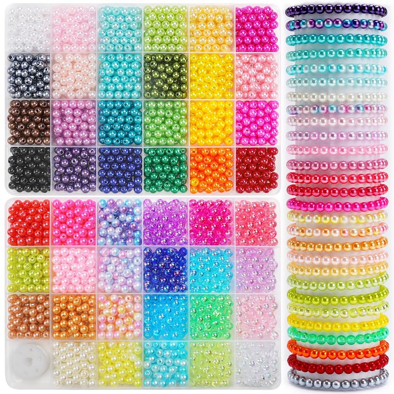 GAGANIU 2400pcs Pearl Beads, 47 Colors Round Beads for Bracelets, Multicolor Bracelet Making Kit, for Jewelry Making with Elastic String, DIY Crafts Set (6mm) - Image 1