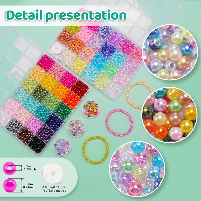 GAGANIU 2400pcs Pearl Beads, 47 Colors Round Beads for Bracelets, Multicolor Bracelet Making Kit, for Jewelry Making with Elastic String, DIY Crafts Set (6mm) - Image 2