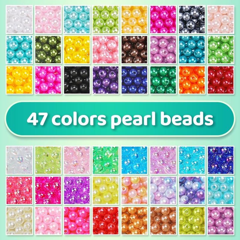 GAGANIU 2400pcs Pearl Beads, 47 Colors Round Beads for Bracelets, Multicolor Bracelet Making Kit, for Jewelry Making with Elastic String, DIY Crafts Set (6mm) - Image 3