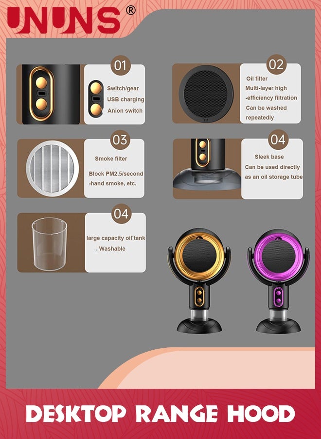 UNUNS شفاط سطح المكتب، مروحة شفط سطح المكتب بمنفذ USB، سرعتان قابلتان للتعديل للرياح، كوب تجميع زيت قابل للفصل، للمنزل، المطبخ، القدر الساخن، السيارة الترفيهية، أسود ذهبي - Image 5