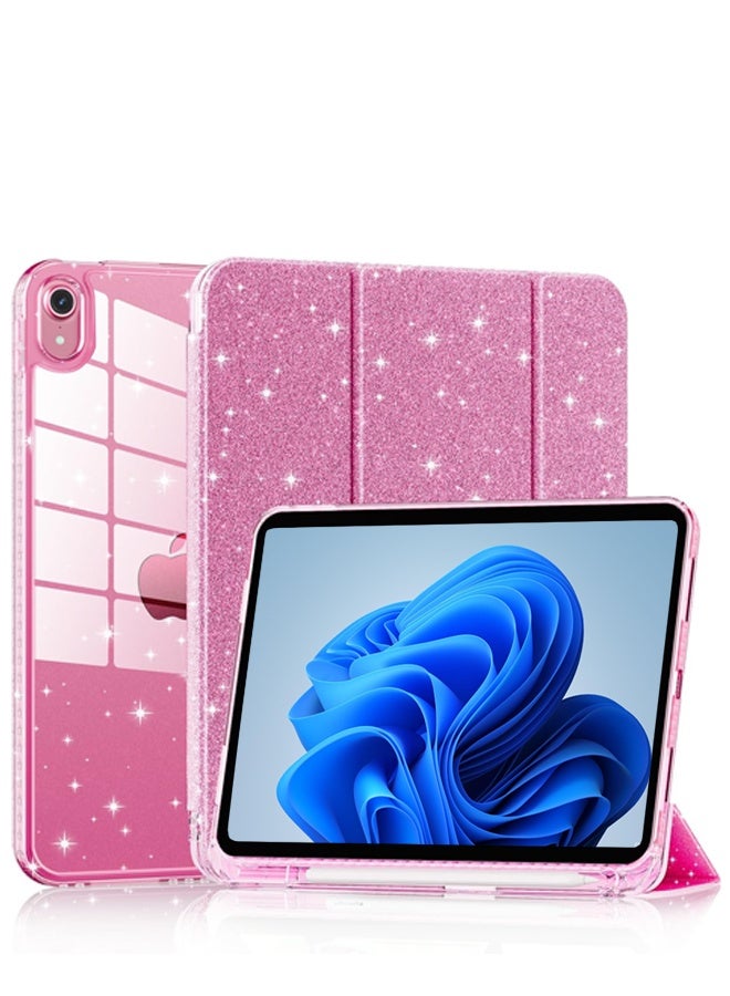iPad case for iPad (A16) 11th Generation 11 inch (2025) / iPad 10th Generation 10.9 inch(2022) | Trifold stand with pen slot | Acrylic transparent back panel for drop resistance Glittering Sparkly Shockproof Cover(Rose red)