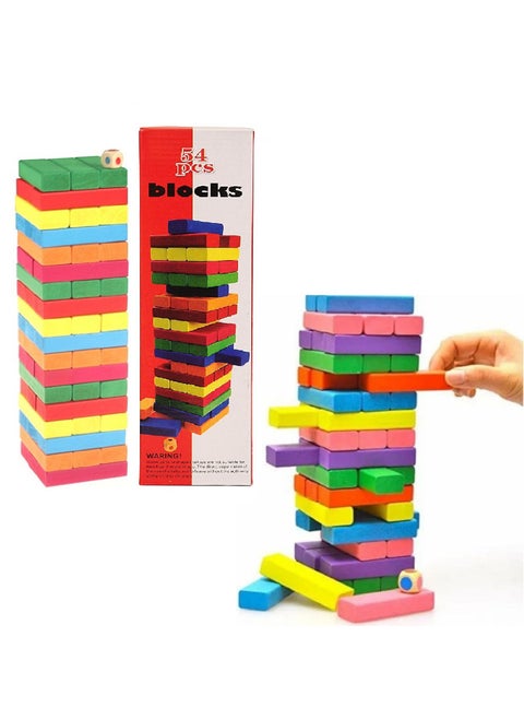 Jenga game building an assembly building of wooden blocks balance tower toy and falling challenge educational toys made of classic and high-quality numbered wood set of 54 pieces multi-colored