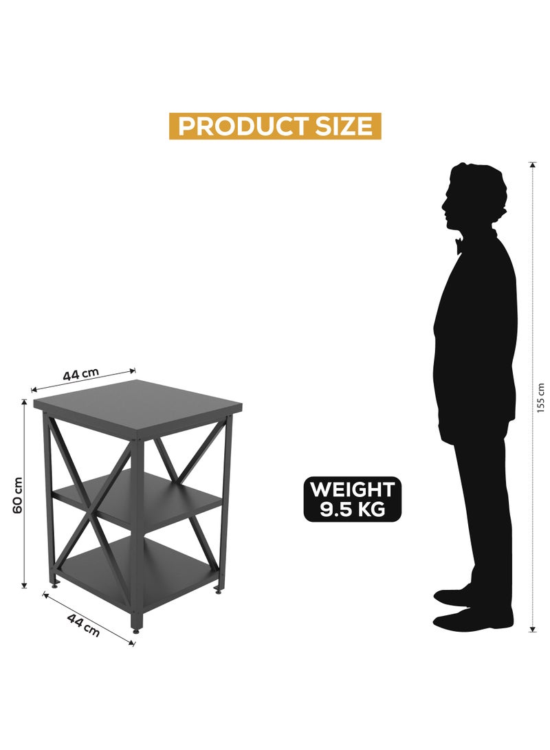 RIGID Steel X-Shape 3 Tier Side Table with Wooden Top Black 60x40x40cm  - Image 2