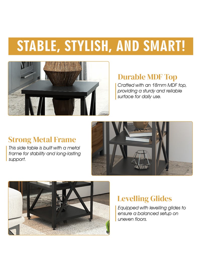 RIGID Steel X-Shape 3 Tier Side Table with Wooden Top Black 60x40x40cm  - Image 3