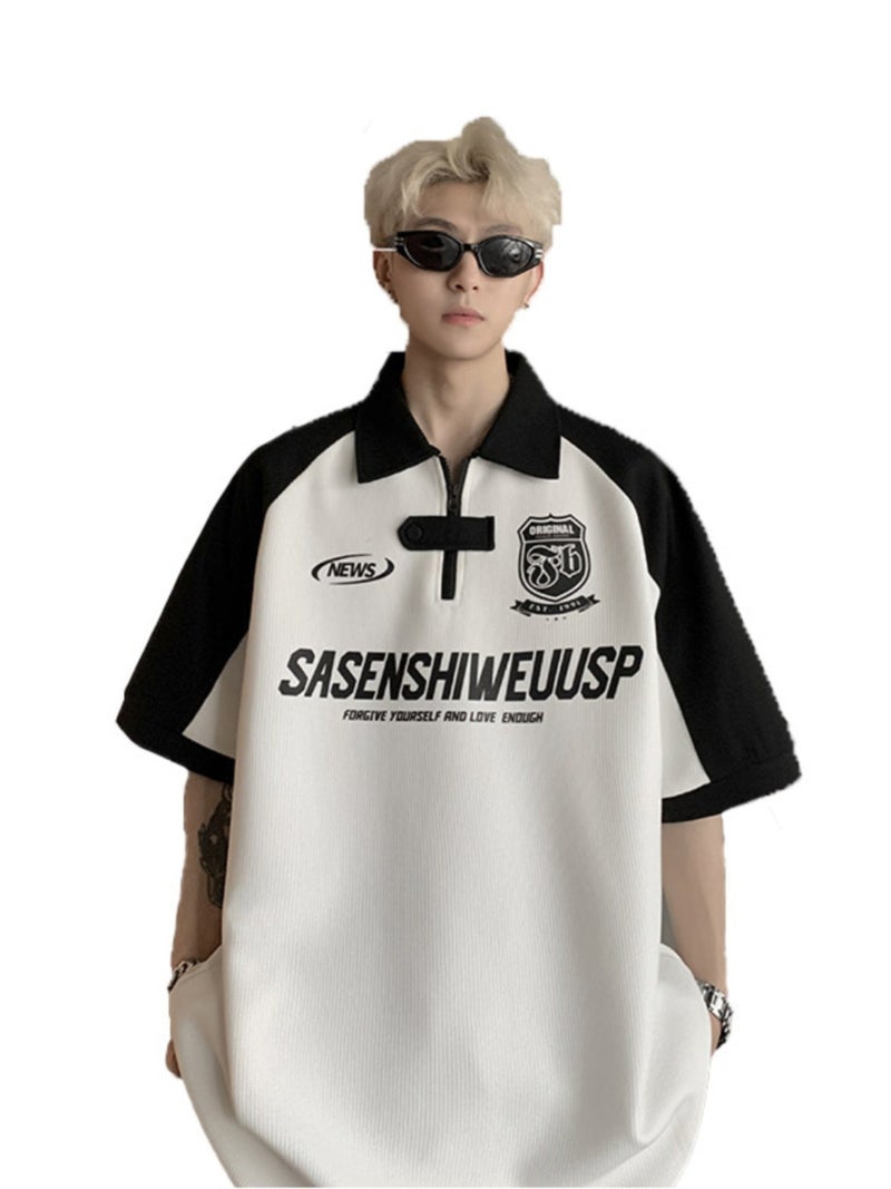 Men's Motorcycle Short Sleeve Polo Shirt with Half Zipper Waffle Texture - Image 5