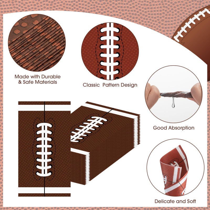 Litmitfu 50 Pack Football Napkins Party Supplies - Rectangle Rugby Pattern Napkin Bulk, 3-Ply Brown Disposable Paper Hand Towels Napkins Set for Football Game Day Tailgate Party Favors Table Decorations - Image 5