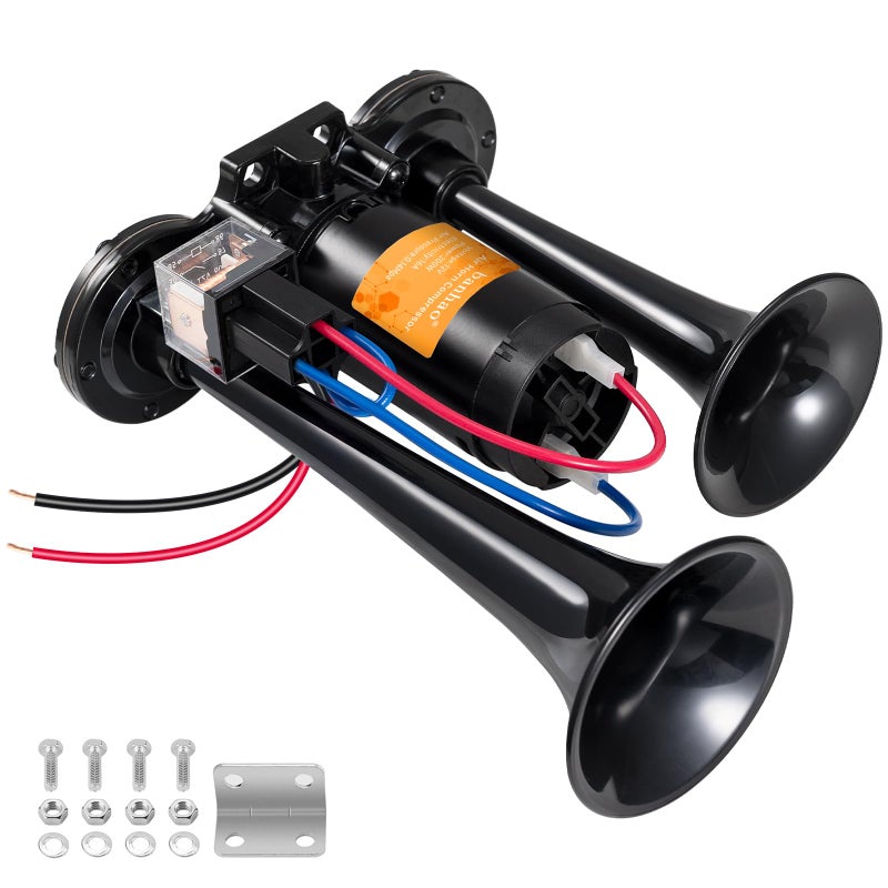 BANHAO Electric Air Horn for Truck 150dB Super Loud Black Horns Dual Trumpet with Compressor for Any 12V Vehicles Trucks Motorcycle Pickup Trains Cars Boats (Black integrated Air Horn) - Image 1