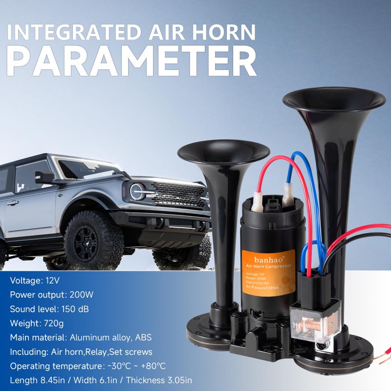 BANHAO Electric Air Horn for Truck 150dB Super Loud Black Horns Dual Trumpet with Compressor for Any 12V Vehicles Trucks Motorcycle Pickup Trains Cars Boats (Black integrated Air Horn) - Image 3