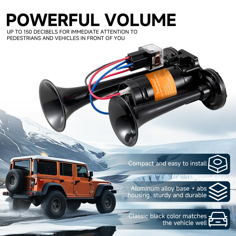 BANHAO Electric Air Horn for Truck 150dB Super Loud Black Horns Dual Trumpet with Compressor for Any 12V Vehicles Trucks Motorcycle Pickup Trains Cars Boats (Black integrated Air Horn) - Image 2