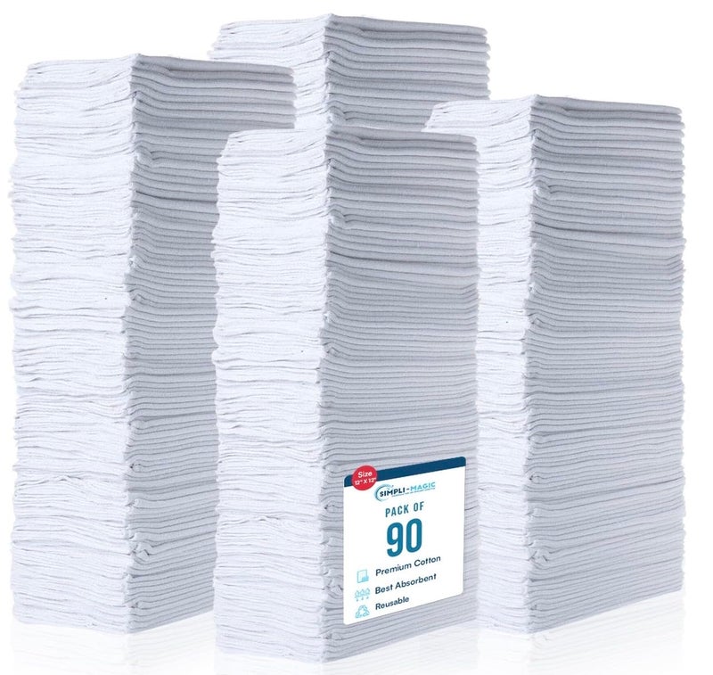 SIMPLI-MAGIC Cotton Shop Towels 14"x12" (90 Pack) â€“ Reusable Cleaning Shop Rags for Automobiles, Industries, Garage and Homes (White) - Image 1