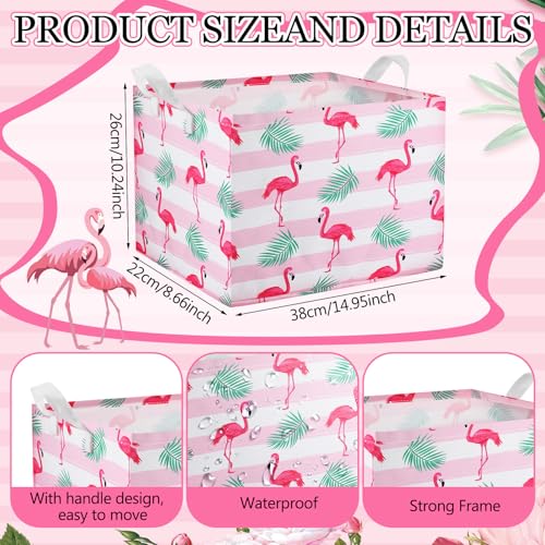 Geelin 3 Pcs Flamingo Baskets Summer Storage Basket for Gifts Collapsible Waterproof Canvas Cute Storage Bin Organizer with Handles for Book Closet Shelf Nursery Decor - Image 3