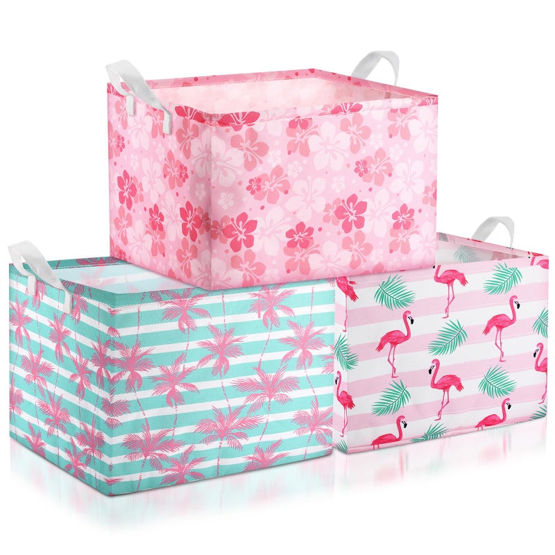 Geelin 3 Pcs Flamingo Baskets Summer Storage Basket for Gifts Collapsible Waterproof Canvas Cute Storage Bin Organizer with Handles for Book Closet Shelf Nursery Decor - Image 2