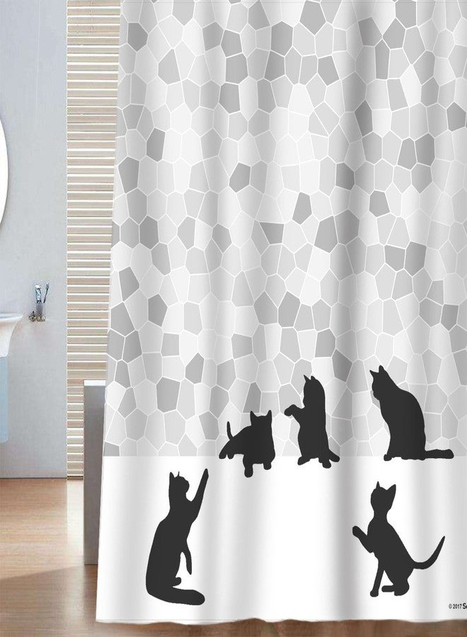 Sunlit Design Black Cat Silhouette and Gray Mosaic Fabric Shower Curtain. Grey and White - Image 3