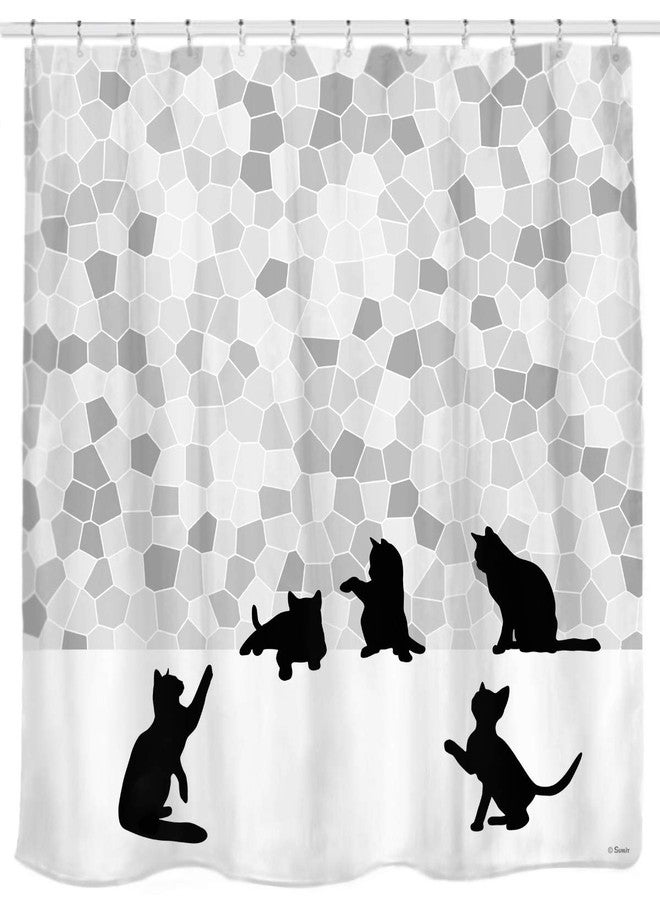 Sunlit Design Black Cat Silhouette and Gray Mosaic Fabric Shower Curtain. Grey and White - Image 1