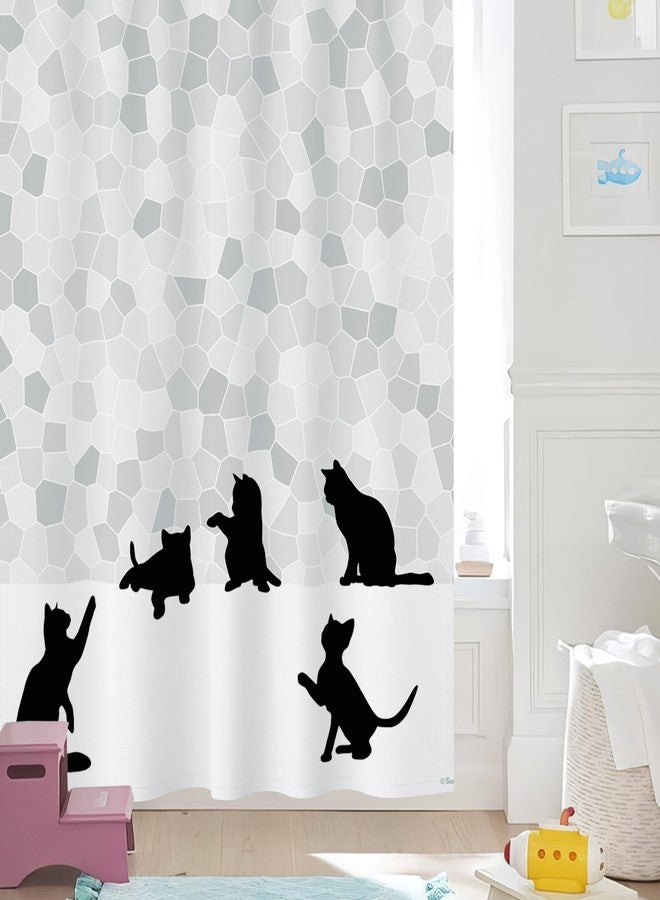 Sunlit Design Black Cat Silhouette and Gray Mosaic Fabric Shower Curtain. Grey and White - Image 4