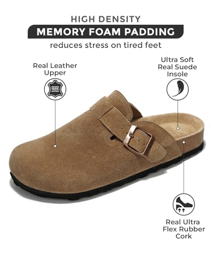 Project Cloud صندل كلوغ من جلد سويد أصلي للنساء - نعال دعم قوس من فوم الذاكرة للنساء - أحذية مريحة عصرية للنساء (بنتون، تان سويد، 9) - Image 2