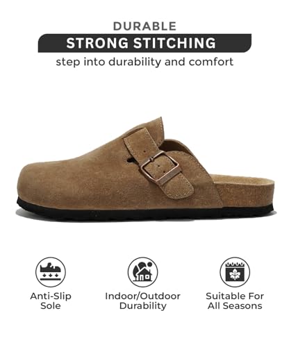 Project Cloud صندل كلوغ من جلد سويد أصلي للنساء - نعال دعم قوس من فوم الذاكرة للنساء - أحذية مريحة عصرية للنساء (بنتون، تان سويد، 9) - Image 3