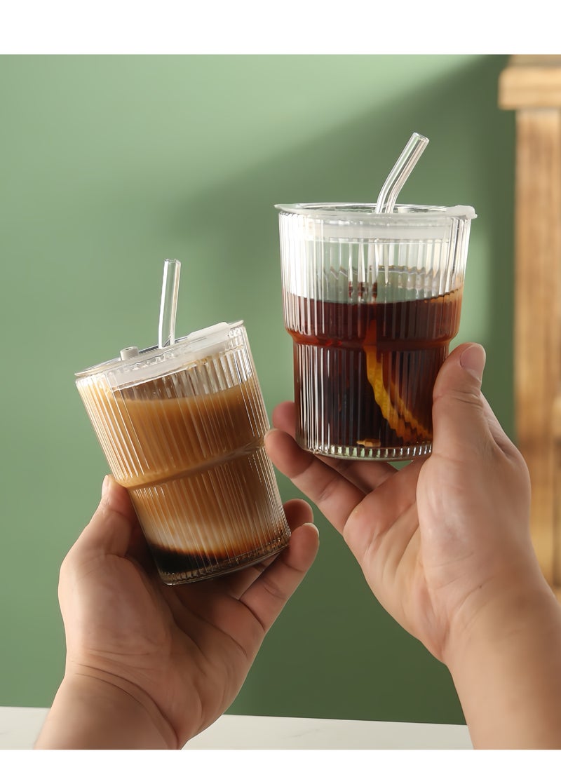 Lee Yon 2-Piece Coffee Cup Simple Vertical Stripes Water Glasses with Lid and Straw, 450ml - Image 5