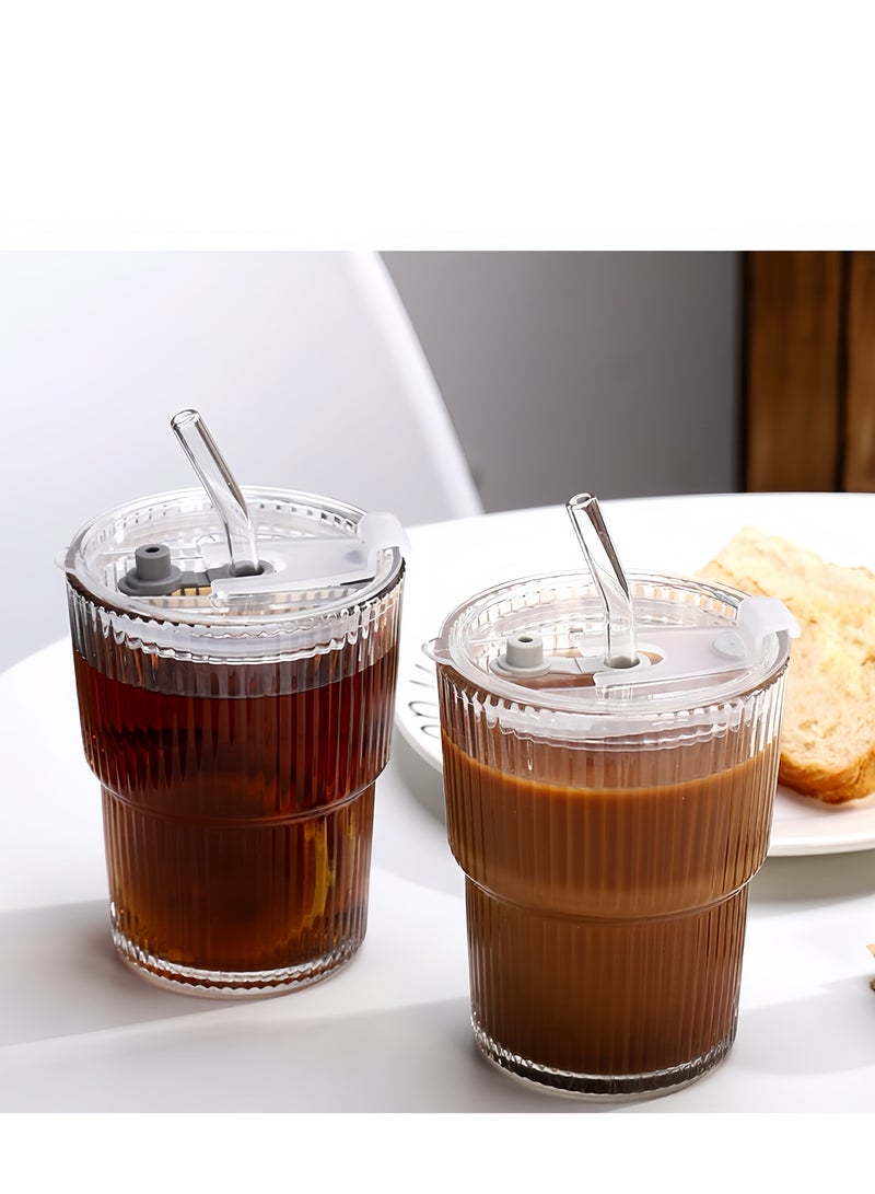 Lee Yon 2-Piece Coffee Cup Simple Vertical Stripes Water Glasses with Lid and Straw, 450ml - Image 2
