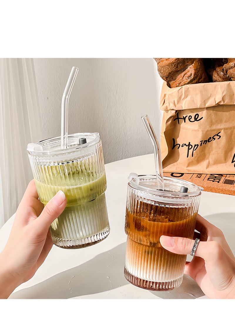Lee Yon 2-Piece Coffee Cup Simple Vertical Stripes Water Glasses with Lid and Straw, 450ml - Image 3