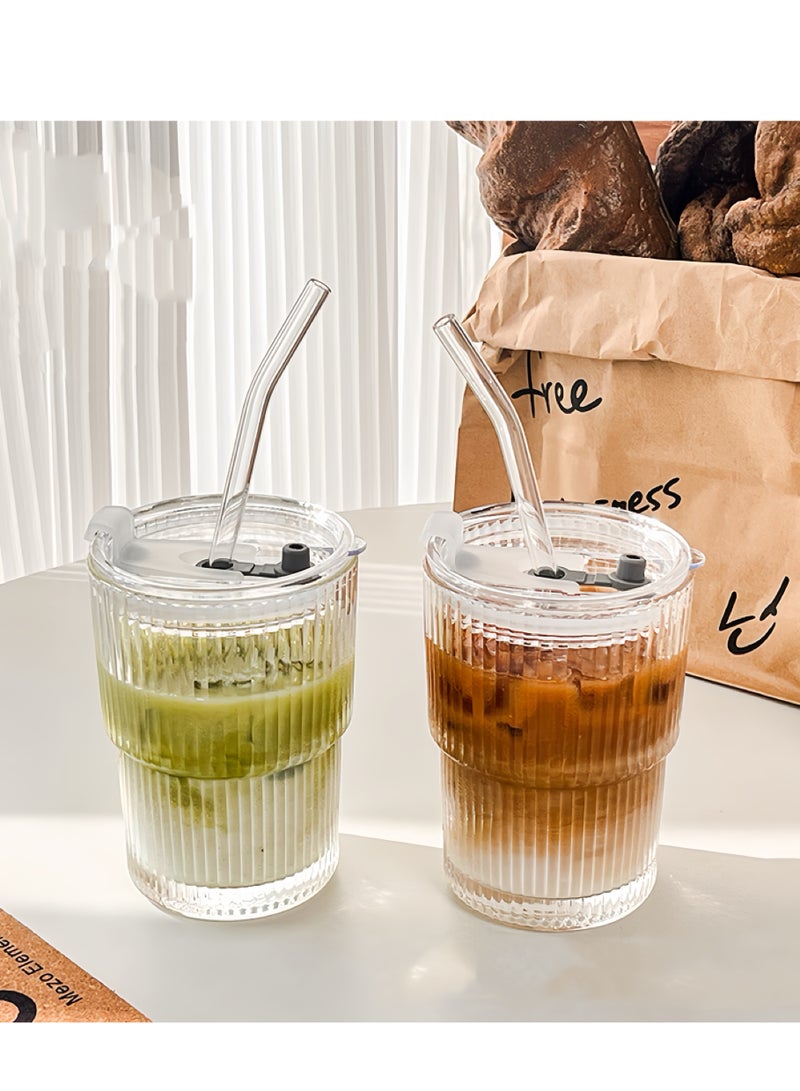 Lee Yon 2-Piece Coffee Cup Simple Vertical Stripes Water Glasses with Lid and Straw, 450ml - Image 1