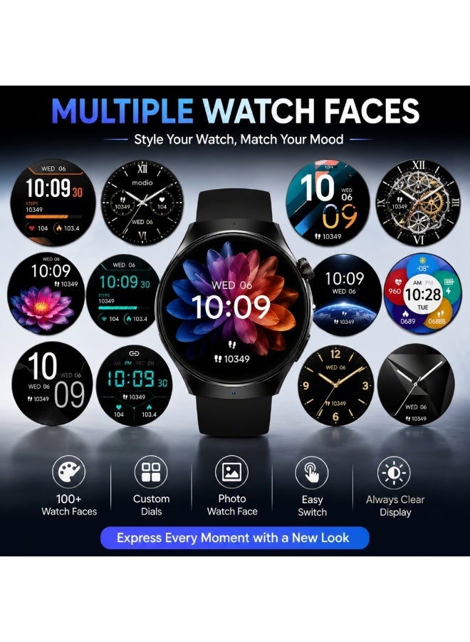modio MR60 Smart Watch Bluetooth Calling Wireless Charging Round Smartwatch for Men, Women, Boys & Girls, Android iOS Black - Image 3
