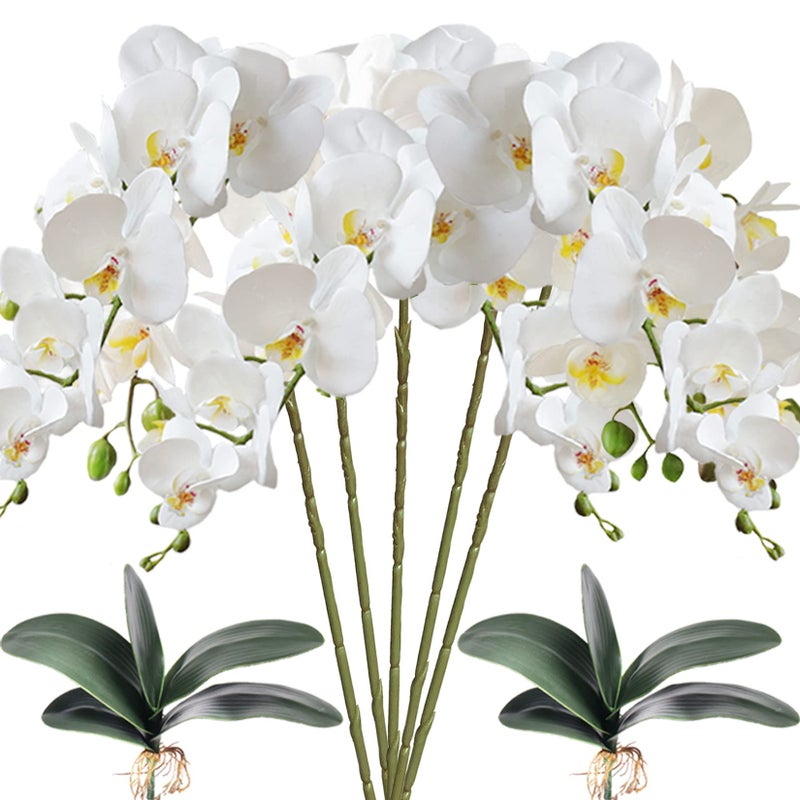 HinyoCo 5 Pcs Artificial Orchid Flowers and 2 Bundles LeavesArtificial Phalaenopsis Flowers 32 Inch Stem Plants for Home Wedding Decoration White