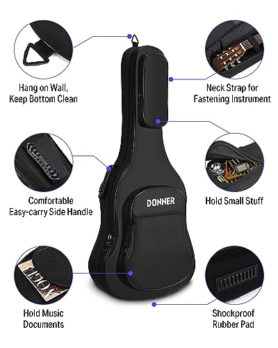 Donner 36 Inch Acoustic Guitar Case, 0.4 Inch Thick Padding Sponge 600D Ripstop Waterproof Nylon Soft Guitar Gig Bag with 3 Pockets and Back Hanger Loop, Black - Image 3