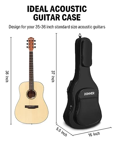 Donner 36 Inch Acoustic Guitar Case, 0.4 Inch Thick Padding Sponge 600D Ripstop Waterproof Nylon Soft Guitar Gig Bag with 3 Pockets and Back Hanger Loop, Black - Image 2