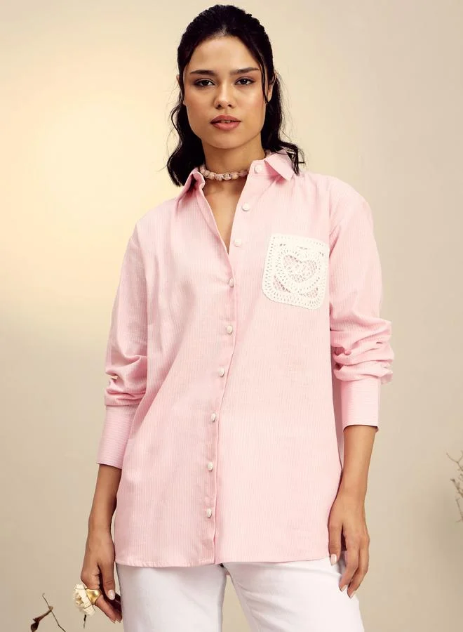 SASSAFRAS Pink Striped Long Sleeve Shirt with Crochet Pocket