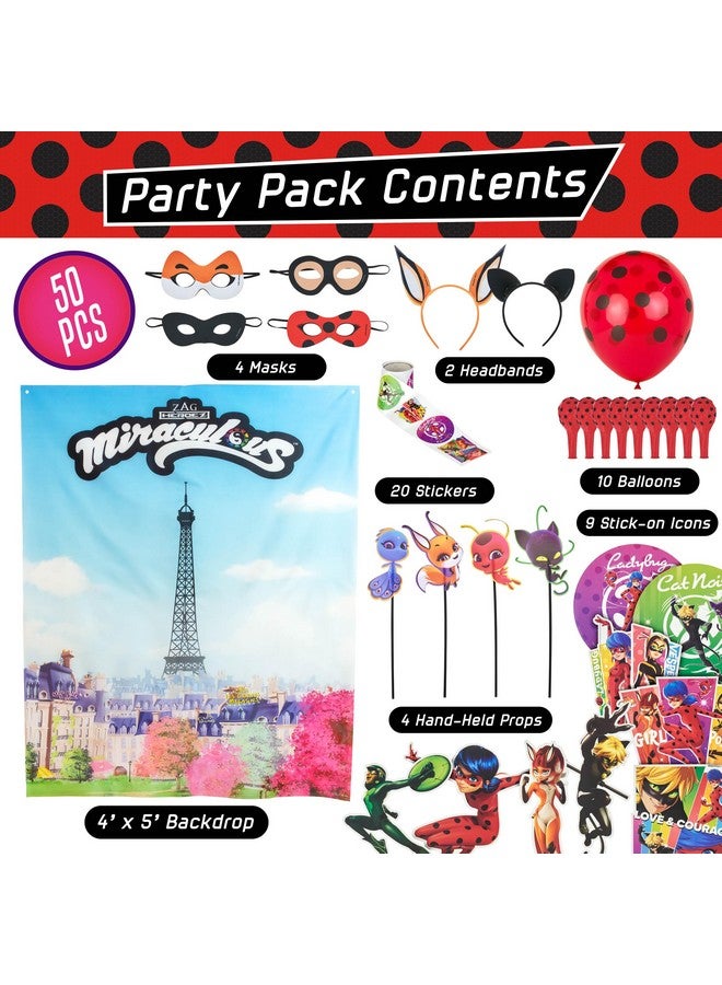 Miraculous 50pc Birthday Party Supplies - Zag Heroez Themed Party Box, Ladybug Party Decorations, Backdrop & Party Props - Image 2