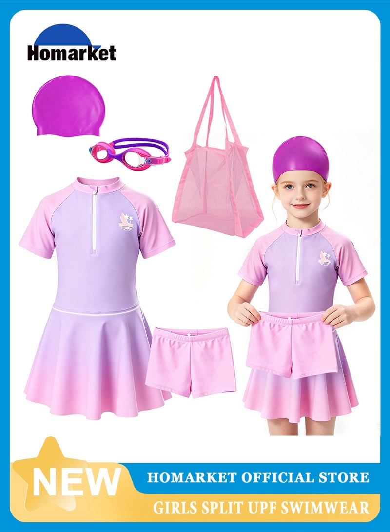 Homarket Girls Short Sleeve Gradient Skirted Swimsuit 4Pcs Set, UPF50+ Sun Protection Kids Rash Guard Swimming Costume, Zipper Girls Bathing Suit with Swim Shorts, Swim Cap, Swimming Goggles & Mesh Beach Bag, Multi-purpose for Swimming Beach Yoga Gymnastics, Size Variants XL,2XL,3XL,4XL,5XL,6XL - Image 1
