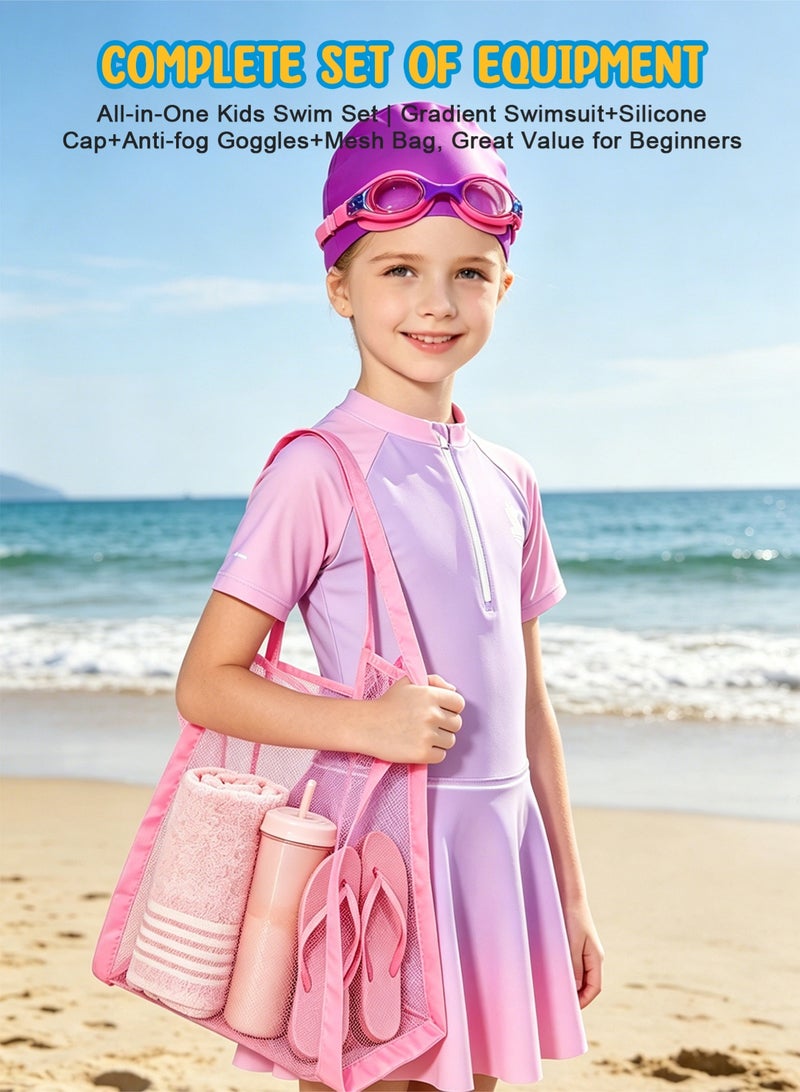 Homarket Girls Short Sleeve Gradient Skirted Swimsuit 4Pcs Set, UPF50+ Sun Protection Kids Rash Guard Swimming Costume, Zipper Girls Bathing Suit with Swim Shorts, Swim Cap, Swimming Goggles & Mesh Beach Bag, Multi-purpose for Swimming Beach Yoga Gymnastics, Size Variants XL,2XL,3XL,4XL,5XL,6XL - Image 4