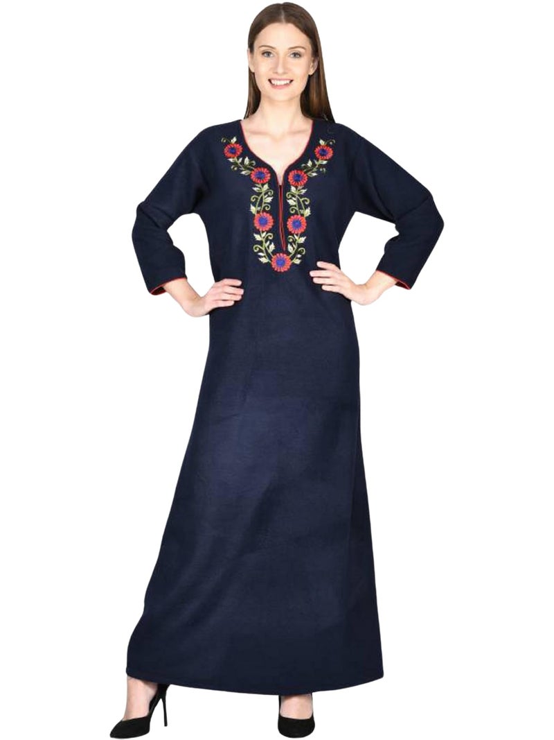 Noty Store Noty Women Woolen Winter Fleece Floor Length Nighty 3/4 Sleeve - (Navy Blue) - Image 1