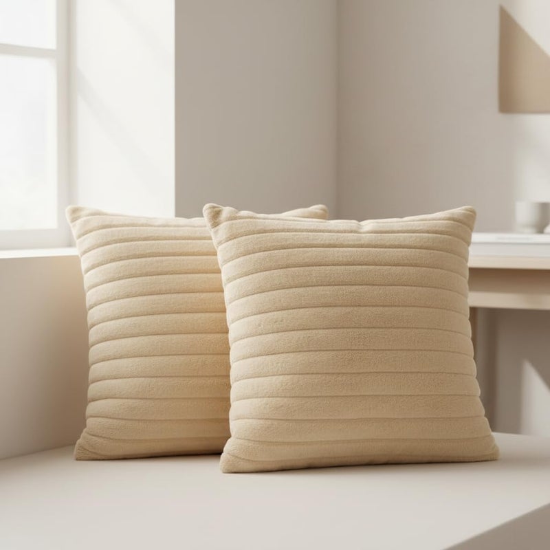 Faux Fur Plush Throw Pillow Covers, Striped Decorative Cushion Case, Double-Sided Soft Fluffy, 45x45 cm, Set of 2, for Sofa Couch Living Room (Cremy) - Image 1