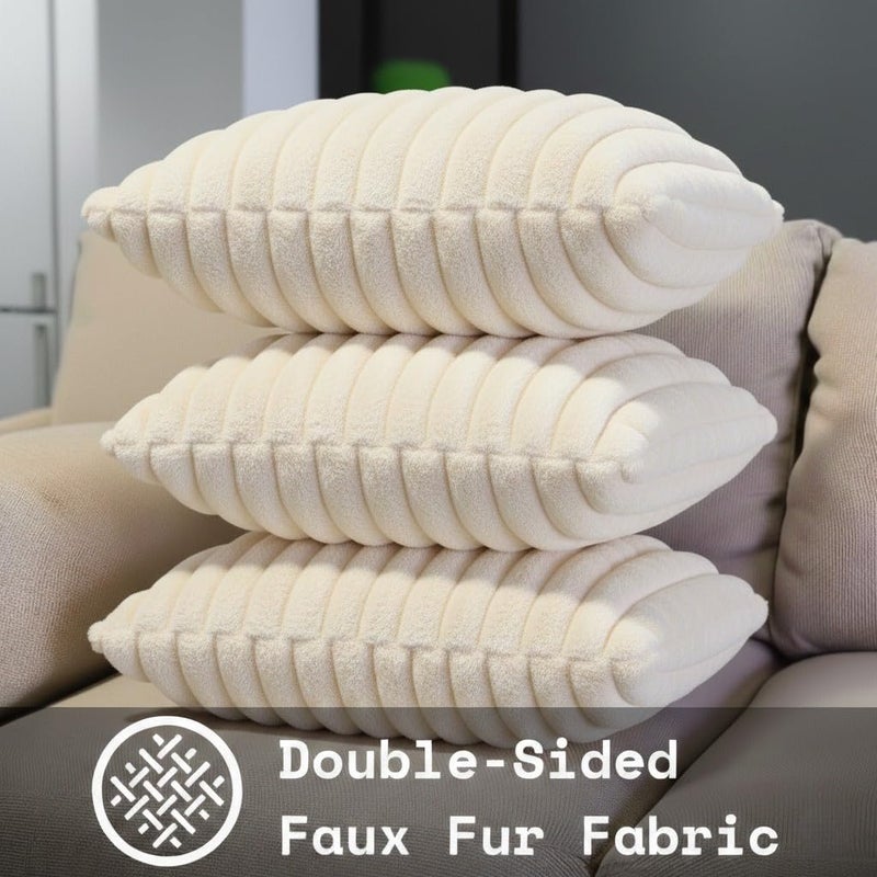 Faux Fur Plush Throw Pillow Covers, Striped Decorative Cushion Case, Double-Sided Soft Fluffy, 45x45 cm, Set of 2, for Sofa Couch Living Room (Cremy) - Image 2