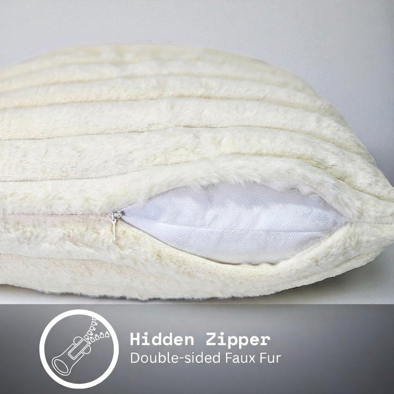 Faux Fur Plush Throw Pillow Covers, Striped Decorative Cushion Case, Double-Sided Soft Fluffy, 45x45 cm, Set of 2, for Sofa Couch Living Room (Cremy) - Image 3