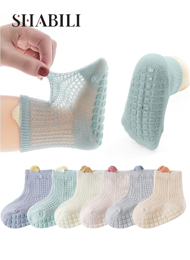 SHABILI Baby’ Cotton Mesh Ankle Short Socks Low‑Cut Casual Slouch 6‑Pair for 1‑3 Yrs, Moisture Wicking Anti‑Odor Elastic Cuff Non‑Slip Sole, Daily Leisure Travel Sport, (White Pink Gray Orange Blue Green) - Image 1