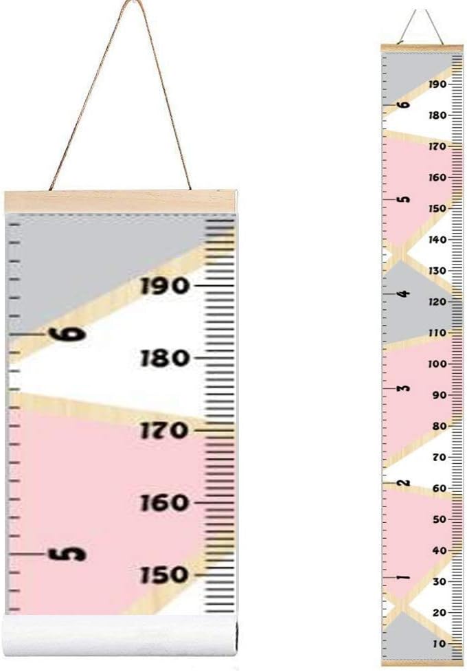 MinoMia Kids Growth Chart, Wood Frame Fabric Canvas Height Measurement Ruler from Baby to Adult for Child's Room Decoration 7.9 x 79in (7.9 x 79in, Pink & Grey) - Image 1