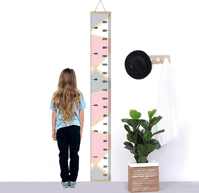 MinoMia Kids Growth Chart, Wood Frame Fabric Canvas Height Measurement Ruler from Baby to Adult for Child's Room Decoration 7.9 x 79in (7.9 x 79in, Pink & Grey) - Image 2