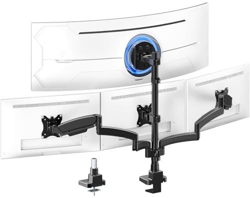 PUTORSEN Quad Monitor Mount for up to 49’’ Ultrawide on Top Bracket and 27’’ Screens on Lower Brackets, Holds up to 44lbs, Quad Monitor Stand with Gas Spring, C-Clamp & Grommet Base - Image 1